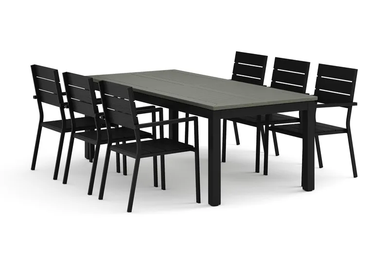 Monaco ulkoruokailuryhmä, jatkettava 210/310x90, 6 Tunis-pinottavaa tuolia, Musta/Harmaa