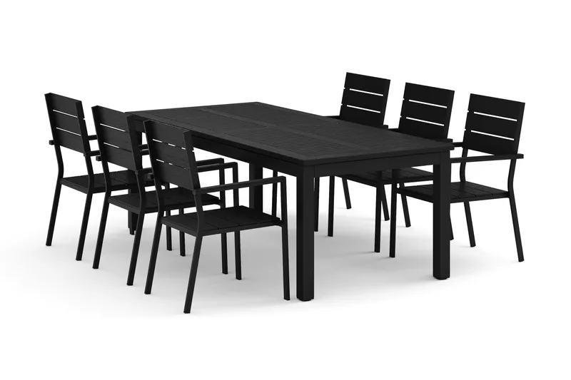 Monaco ulkoruokailuryhmä, jatkettava 210/310x90, 6 Tunis-pinottavaa tuolia, Musta/Harmaa