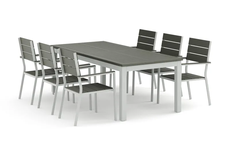 Monaco ulkoruokailuryhmä, jatkettava 210/310x90, 6 Tunis-pinottavaa tuolia, Valkoinen/Harmaa