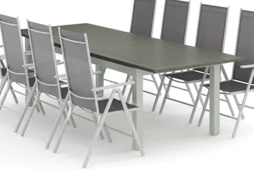Monaco ulkoruokailuryhmä, jatkettava 210/310x90, 8 Maggie-säätötuolia - Valkoinen/Harmaa - Puutarhakalusteet - Ulkoryhmä - Ruokailuryhmät ulos