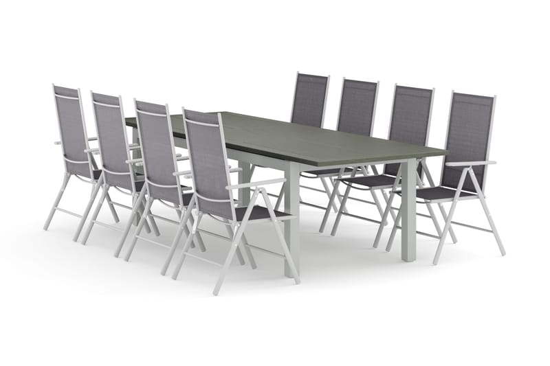 Monaco ulkoruokailuryhmä, jatkettava 210/310x90, 8 Maggie-säätötuolia, Valkoinen/Harmaa