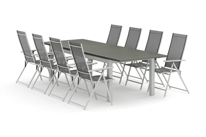 Monaco ulkoruokailuryhmä, jatkettava 210/310x90, 8 Sanna säätötuolia, Valkoinen/Harmaa