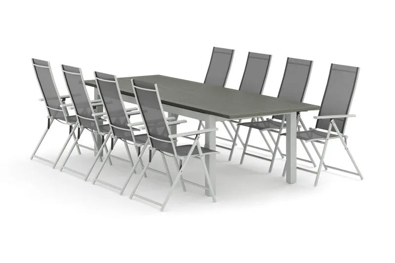 Monaco ulkoruokailuryhmä, jatkettava 210/310x90, 8 Sanna-säätötuolia, Valkoinen/Harmaa