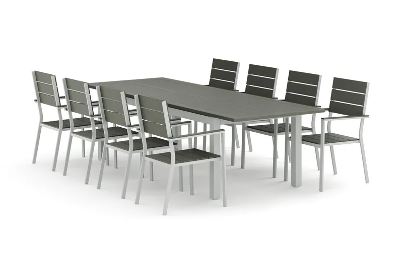 Monaco ulkoruokailuryhmä, jatkettava 210/310x90, 8 Tunis-pinottavaa tuolia, Valkoinen/Harmaa