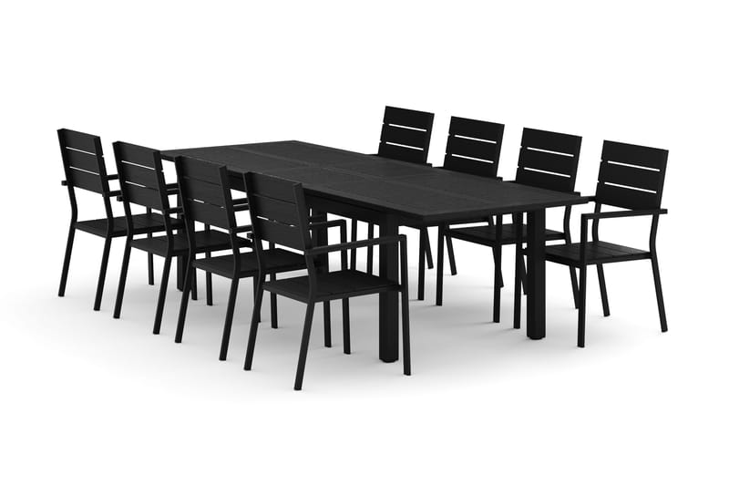 Monaco ulkoruokailuryhmä, jatkettava 210/310x90, 8 Tunis-pinottavaa tuolia, Musta/Harmaa