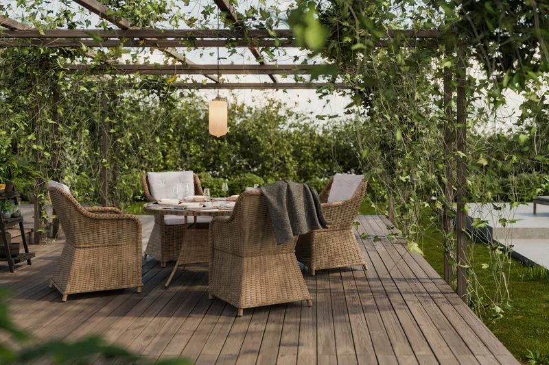 Ruokailuryhmä Marcus Ø140 + 4 Nojatuolia + pehmusteet - Luonnonväri - Puutarhakalusteet - Ulkoryhmä - Ruokailuryhmät ulos