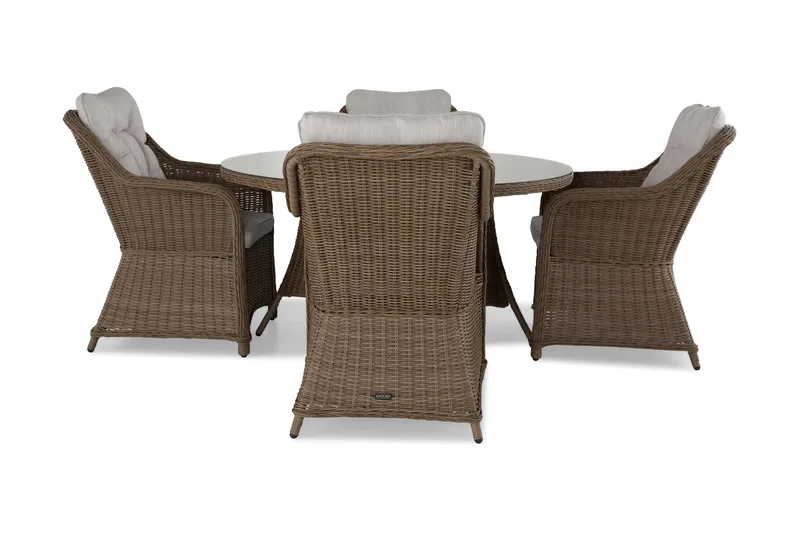 Ruokailuryhmä Marcus Ø140 + 4 Nojatuolia + pehmusteet - Luonnonväri - Puutarhakalusteet - Ulkoryhmä - Ruokailuryhmät ulos