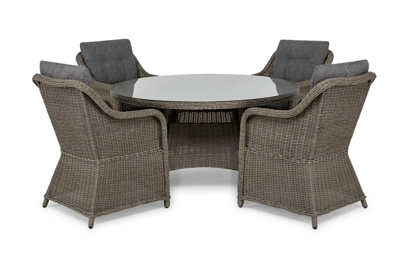 Ruokailuryhmä Marcus Ø140 + 4 Nojatuolia + pehmusteet - Harmaa - Puutarhakalusteet - Ulkoryhmä - Ruokailuryhmät ulos