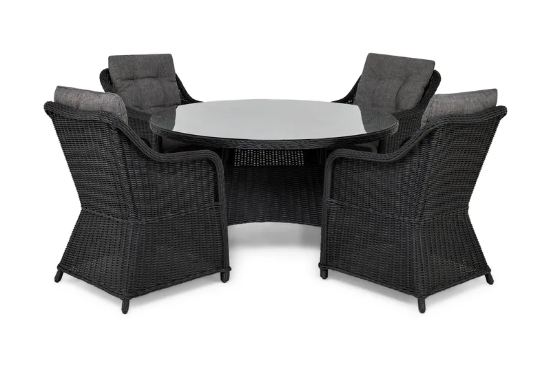 Ruokailuryhmä Marcus Ø140 + 4 Nojatuolia + pehmusteet - Musta - Puutarhakalusteet - Ulkoryhmä - Ruokailuryhmät ulos