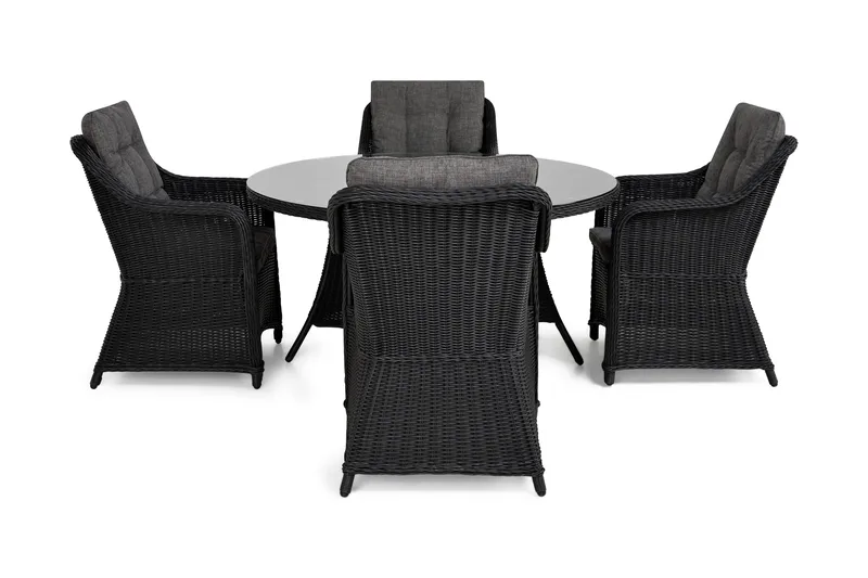 Ruokailuryhmä Marcus Ø140 + 4 Nojatuolia + pehmusteet - Musta - Puutarhakalusteet - Ulkoryhmä - Ruokailuryhmät ulos