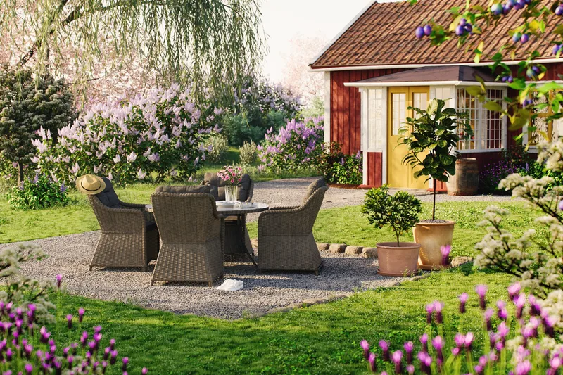 Ruokailuryhmä Marcus Ø140 + 4 Nojatuolia + pehmusteet - Harmaa - Puutarhakalusteet - Ulkoryhmä - Ruokailuryhmät ulos