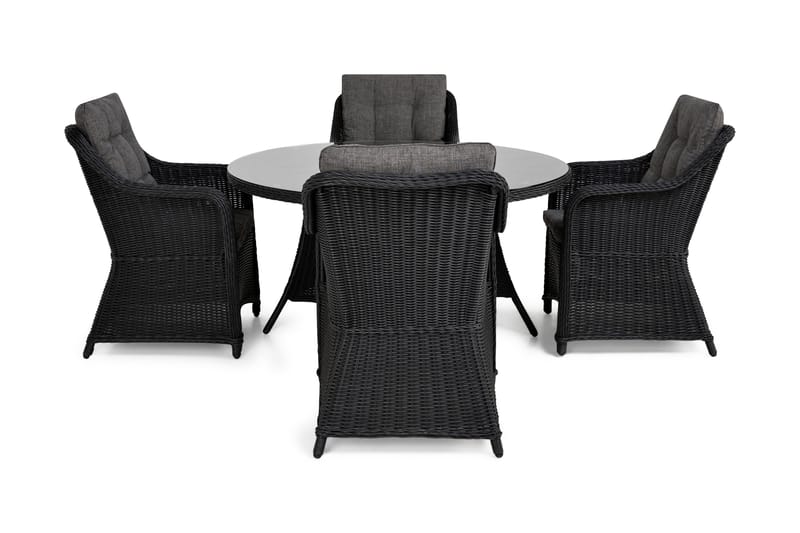 Ruokailuryhmä Marcus Ø140 + 4 Nojatuolia + pehmusteet - Musta - Puutarhakalusteet - Ulkoryhmä - Ruokailuryhmät ulos