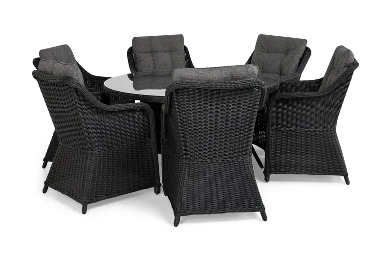 Ruokailuryhmä Marcus Ø140 + 6 Nojatuolia + pehmusteet - Musta - Puutarhakalusteet - Ulkoryhmä - Ruokailuryhmät ulos
