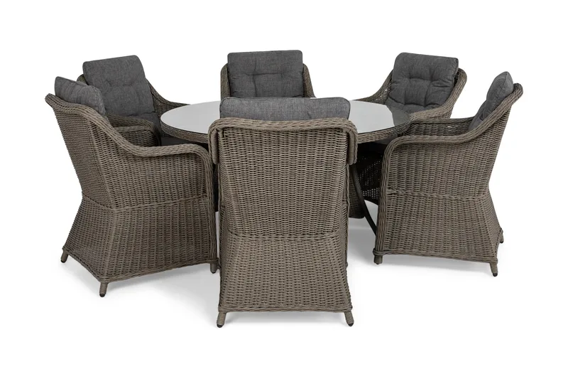 Ruokailuryhmä Marcus Ø140 + 6 Nojatuolia + pehmusteet - Harmaa - Puutarhakalusteet - Ulkoryhmä - Ruokailuryhmät ulos