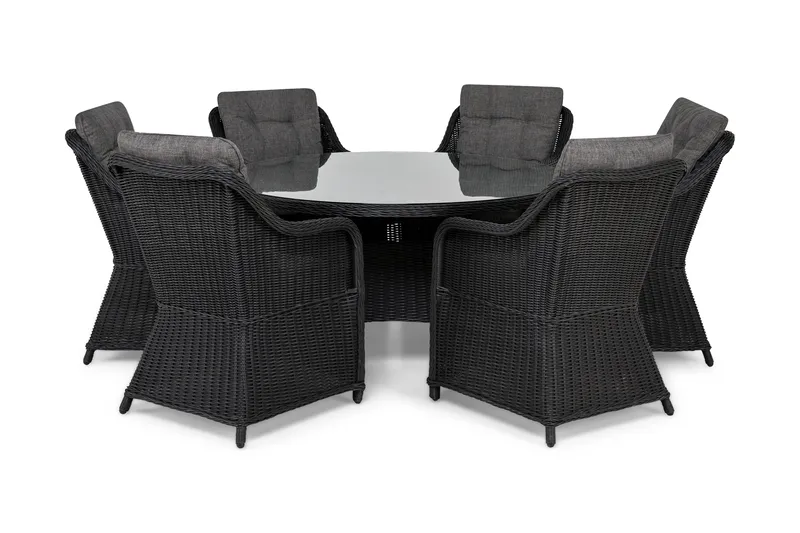 Ruokailuryhmä Marcus Ø140 + 6 Nojatuolia + pehmusteet - Musta - Puutarhakalusteet - Ulkoryhmä - Ruokailuryhmät ulos