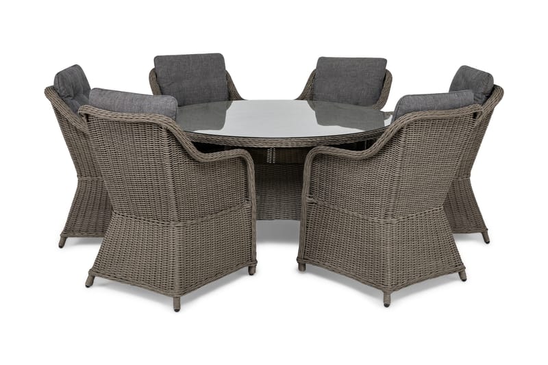 Ruokailuryhmä Marcus Ø140 + 6 Nojatuolia + pehmusteet - Harmaa - Puutarhakalusteet - Ulkoryhmä - Ruokailuryhmät ulos
