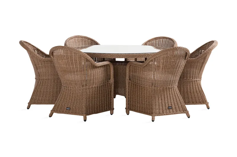 Ruokailuryhmä Marcus 140 cm Pyöreä 6 Light tuolia Pehmusteet - Puutarhakalusteet - Ulkoryhmä - Ruokailuryhmät ulos