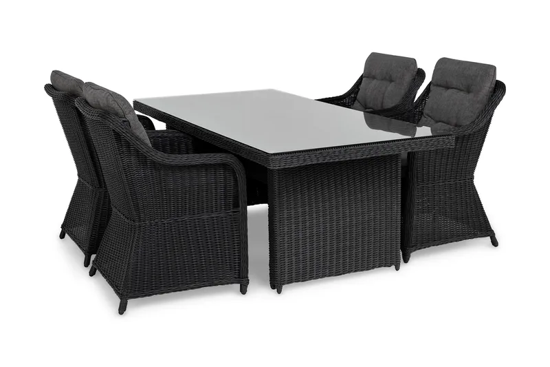 Ruokailuryhmä Marcus 200 + 4 Nojatuolia + pehmusteet - Musta - Puutarhakalusteet - Ulkoryhmä - Ruokailuryhmät ulos