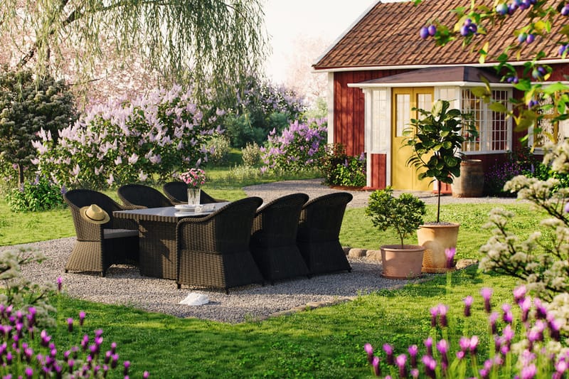 Ruokailuryhmä Marcus 200 + 6 Marcus Light tuolia + pehmustee - Musta - Puutarhakalusteet - Ulkoryhmä - Ruokailuryhmät ulos