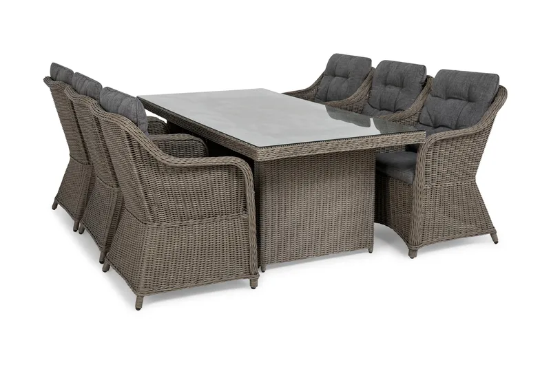 Ruokailuryhmä Marcus 200 + 6 Nojatuolia + pehmusteet - Harmaa - Puutarhakalusteet - Ulkoryhmä - Ruokailuryhmät ulos