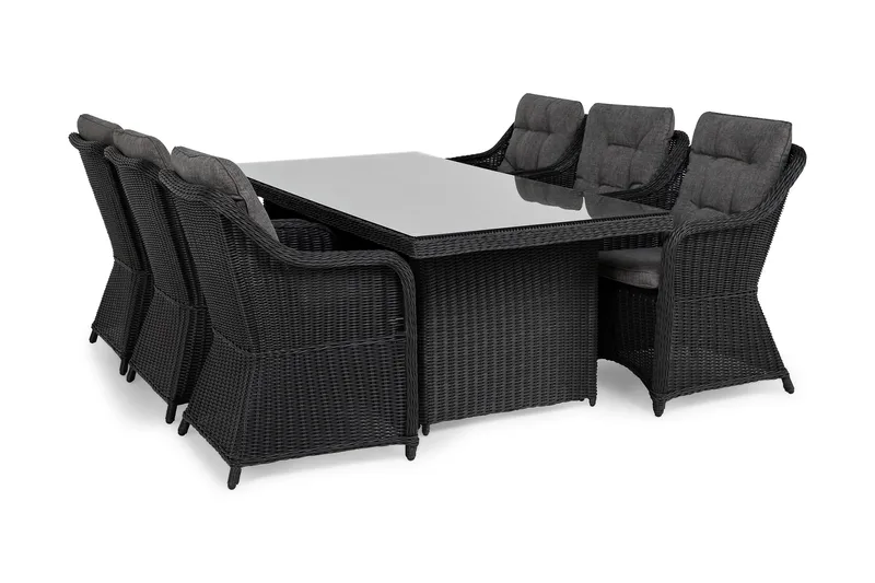 Ruokailuryhmä Marcus 200 + 6 Nojatuolia + pehmusteet - Musta - Puutarhakalusteet - Ulkoryhmä - Ruokailuryhmät ulos