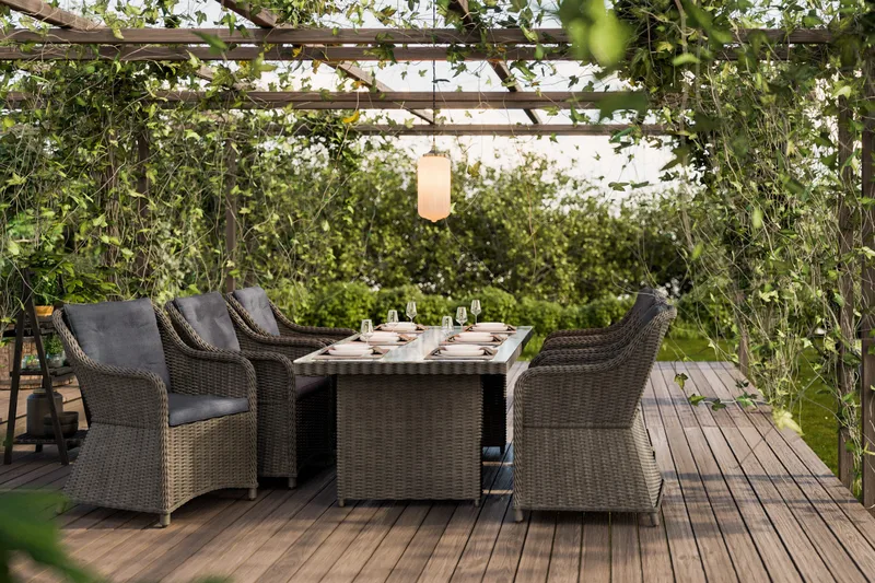 Ruokailuryhmä Marcus 200 + 6 Nojatuolia + pehmusteet - Harmaa - Puutarhakalusteet - Ulkoryhmä - Ruokailuryhmät ulos