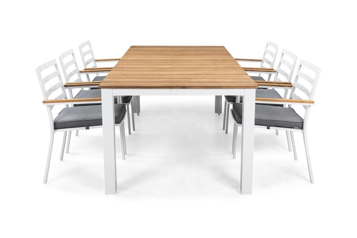 Ruokailuryhmä Olive 210x100 + 6 tuolia pehmuste - Tiikki/Valkoinen/Harmaa - Ruokailuryhmät ulos