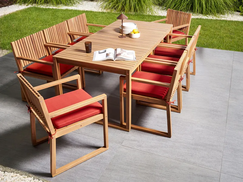 Ruokailuryhmä ulos 8-istuttava Sassari Premium pehmusteilla akaasiapuu - Ruskea/Punainen - Puutarhakalusteet - Ulkoryhmä - Ruokailuryhmät ulos