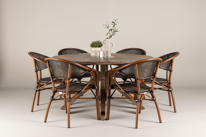 Ruokaryhmä Rosario 140 cm Pyöreä 6 Vila Real -tuolilla - Ruskea - Puutarhakalusteet - Ulkoryhmä - Ruokailuryhmät ulos