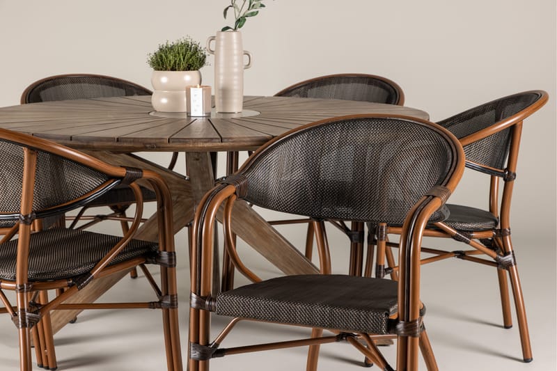 Ruokaryhmä Rosario 140 cm Pyöreä 6 Vila Real -tuolilla - Ruskea - Puutarhakalusteet - Ulkoryhmä - Ruokailuryhmät ulos