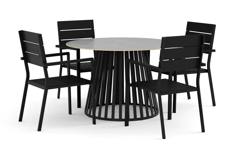 Sensi ulkoruokailuryhmä 120 cm, 4 Tunis pinottavaa tuolia, Musta