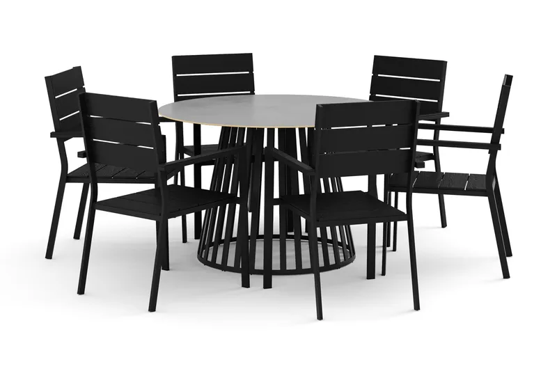 Sensi ulkoruokailuryhmä 120 cm, 6 Tunis-pinottavaa tuolia, Musta