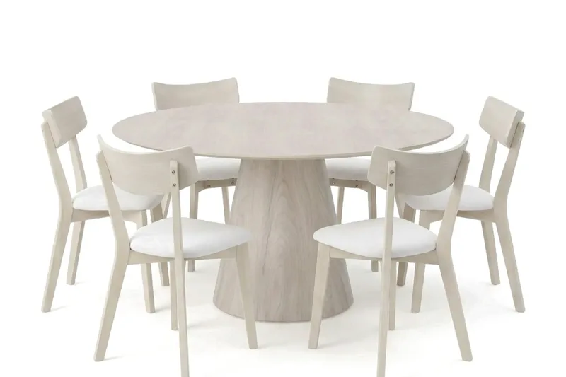 Siena-ruokailuryhmä 150 cm pyöreä, valkokuultolakattu, 6 Amelia-ruokailutuolia istuintyynyllä, Valkokuultolakattu/Beige