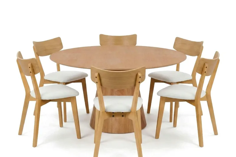 Siena-ruokailuryhmä 150 cm pyöreä, tammi, 6 Amelia-ruokailutuolia istuintyynyllä, Tammi/Beige