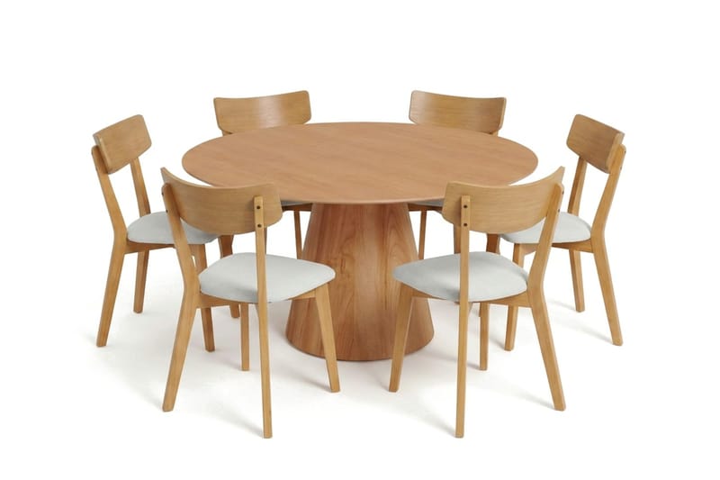 Siena-ruokailuryhmä 150 cm pyöreä, tammi, 6 Amelia-ruokailutuolia istuintyynyllä - Tammi/Beige - Puutarhakalusteet - Ulkoryhmä - Ruokailuryhmät ulos
