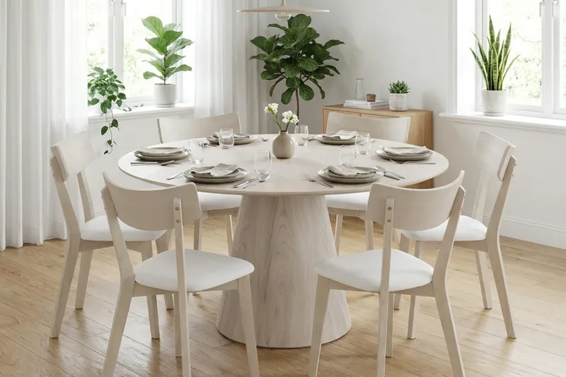 Siena-ruokailuryhmä 150 cm pyöreä, valkokuultolakattu, 6 Amelia-ruokailutuolia istuintyynyllä - Valkokuultolakattu/Beige - Puutarhakalusteet - Ulkoryhmä - Ruokailuryhmät ulos