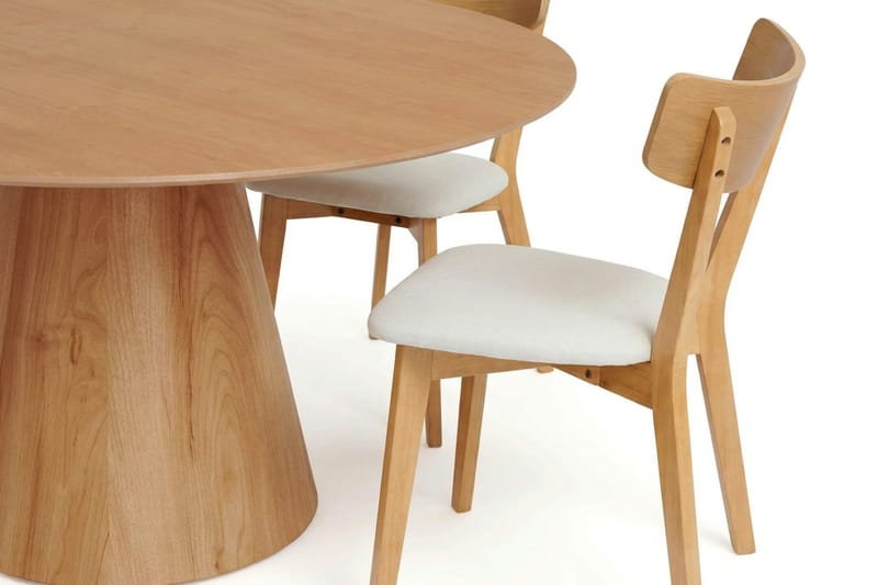 Siena-ruokailuryhmä 150 cm pyöreä, tammi, 6 Amelia-ruokailutuolia istuintyynyllä - Tammi/Beige - Puutarhakalusteet - Ulkoryhmä - Ruokailuryhmät ulos