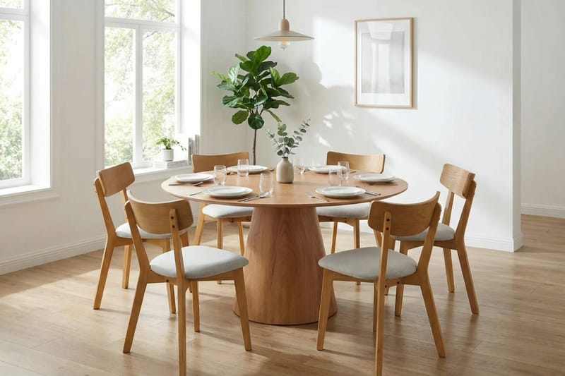 Siena-ruokailuryhmä 150 cm pyöreä, tammi, 6 Amelia-ruokailutuolia istuintyynyllä - Tammi/Beige - Puutarhakalusteet - Ulkoryhmä - Ruokailuryhmät ulos