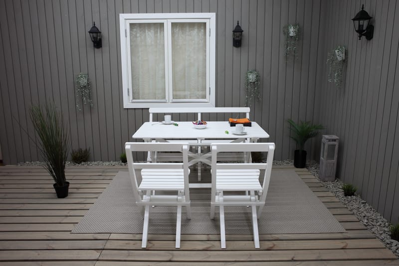 Larios Ruokailuryhmä 2 kokoontaittuvaa tuolia ja penkki - Valkoinen - Puutarhakalusteet - Ulkoryhmä - Ruokailuryhmät ulos