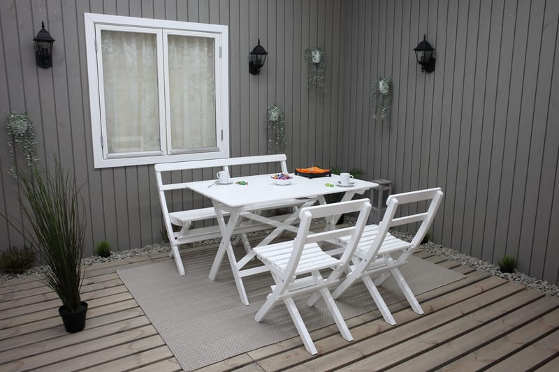 Larios Ruokailuryhmä 2 kokoontaittuvaa tuolia ja penkki - Valkoinen - Puutarhakalusteet - Ulkoryhmä - Ruokailuryhmät ulos