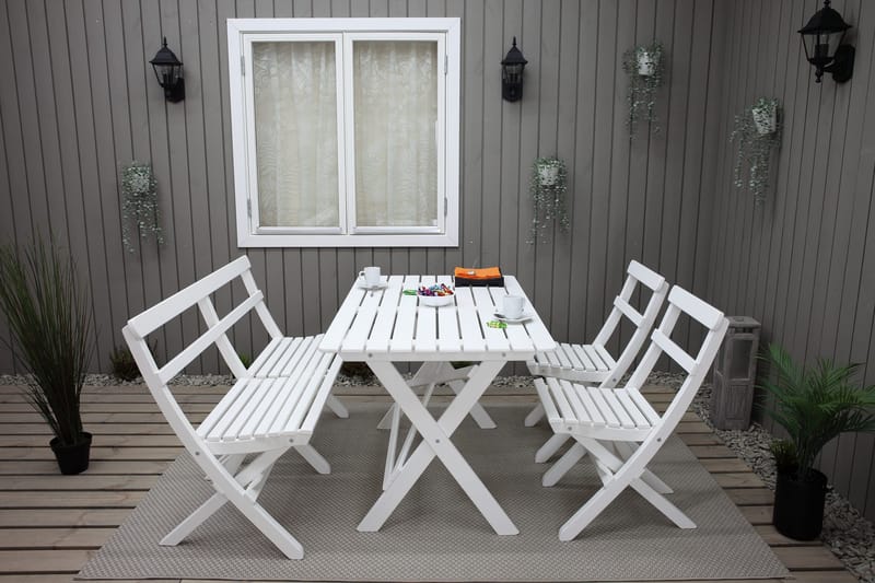 Larios Ruokailuryhmä 2 kokoontaittuvaa tuolia ja penkki - Valkoinen - Puutarhakalusteet - Ulkoryhmä - Ruokailuryhmät ulos