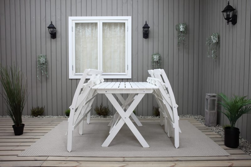 Larios Ruokailuryhmä 2 kokoontaittuvaa tuolia ja penkki - Valkoinen - Puutarhakalusteet - Ulkoryhmä - Ruokailuryhmät ulos