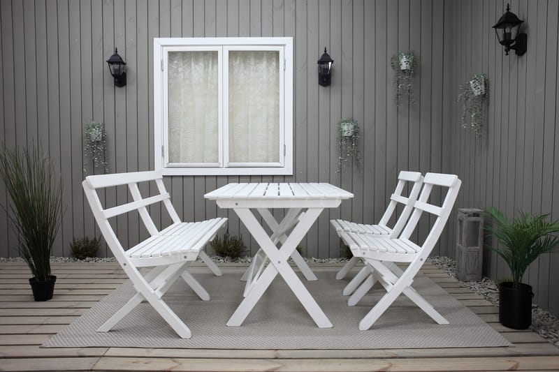 Larios Ruokailuryhmä 2 kokoontaittuvaa tuolia ja penkki - Valkoinen - Puutarhakalusteet - Ulkoryhmä - Ruokailuryhmät ulos