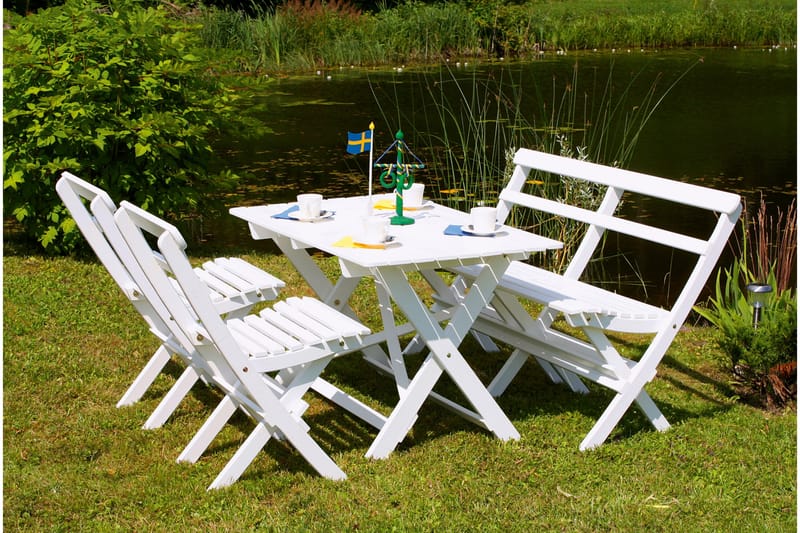Larios Ruokailuryhmä 2 kokoontaittuvaa tuolia ja penkki - Valkoinen - Puutarhakalusteet - Ulkoryhmä - Ruokailuryhmät ulos