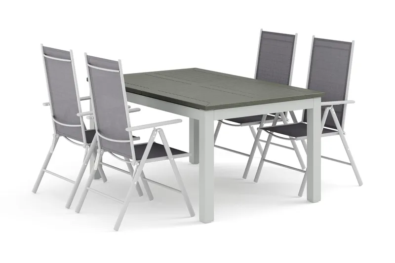 Monaco ulkoruokailuryhmä, jatkettava 150–250x90, 4 Maggie-säätötuolilla, Valkoinen/Harmaa