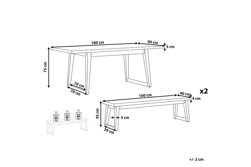 Puutarhakalustesetti Oria Pöytä + 2 penkkiä - Harmaa - Puutarhakalusteet - Ulkoryhmä - Ruokailuryhmät ulos
