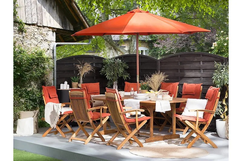 Puutarhakalustesetti pöytä ja 8 tuolia + aurinkovarjo Maui, Puu/Luonnonväri