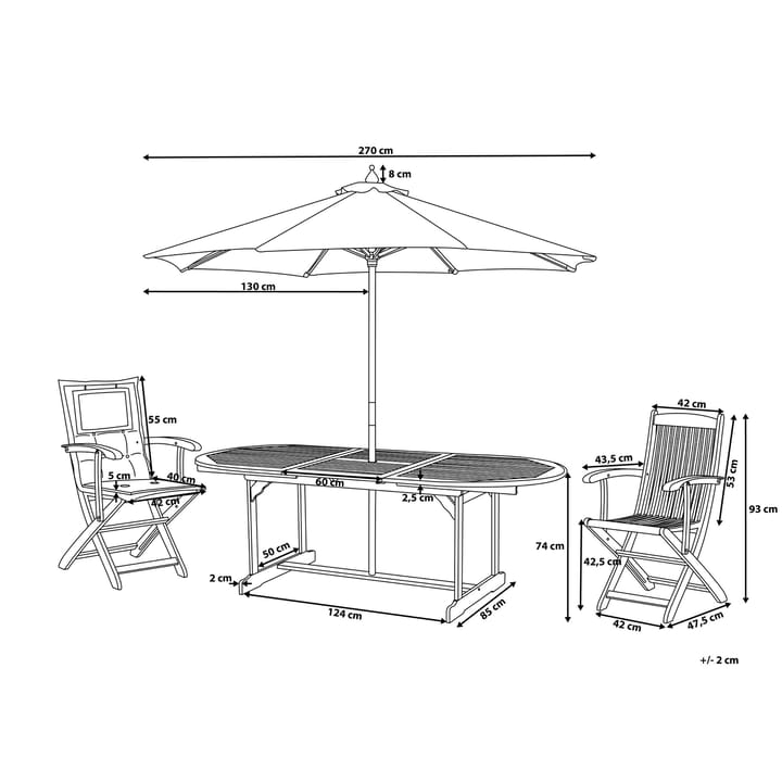 Puutarhakalustesetti pöytä ja 8 tuolia + aurinkovarjo Maui - Puu/Luonnonväri - Ruokailuryhmät ulos