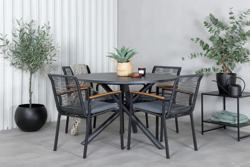 Ruokailuryhmä Alma Pyöreä 120 cm 4 Dallas tuolia - Musta - Puutarhakalusteet - Ulkoryhmä - Ruokailuryhmät ulos