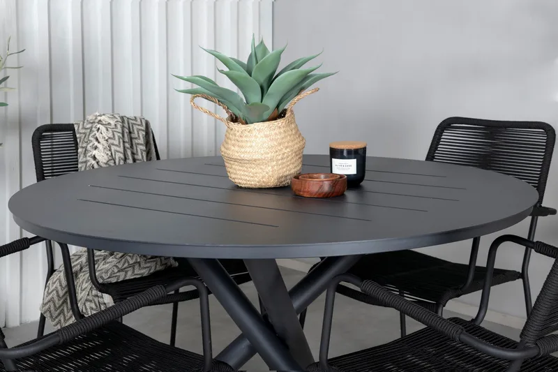 Ruokailuryhmä Alma Pyöreä 120 cm 4 Lindos tuolia - Ruskea/Valkoinen - Puutarhakalusteet - Ulkoryhmä - Ruokailuryhmät ulos